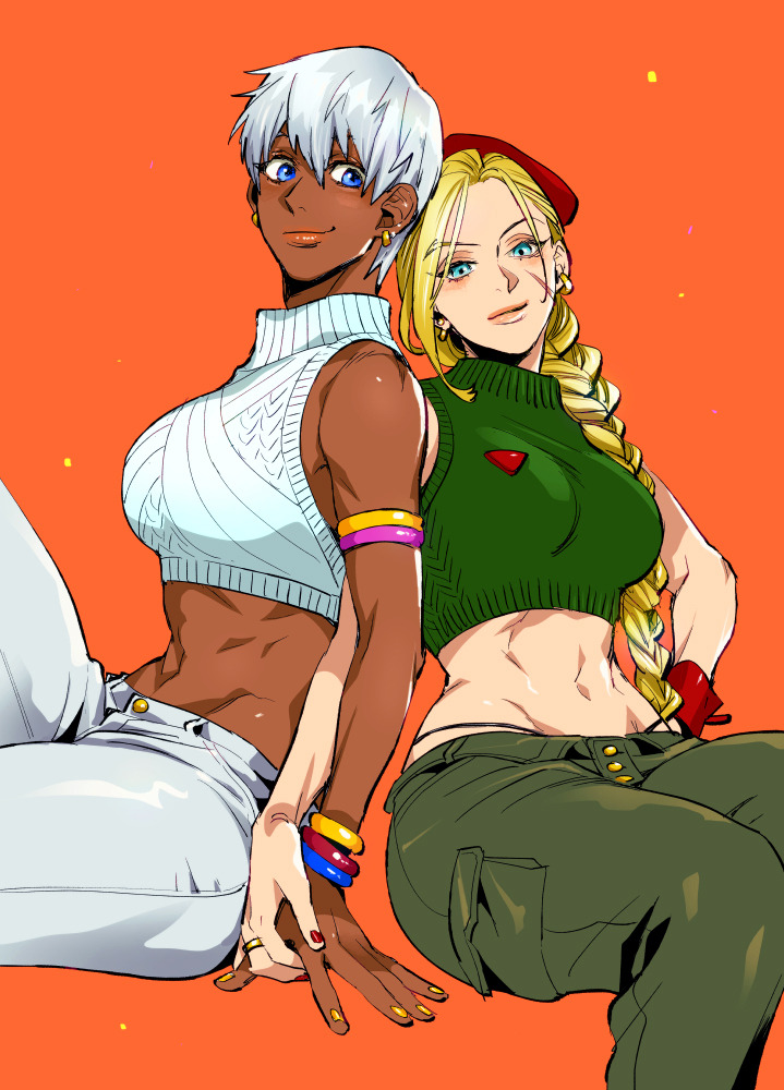 2girls, blonde_hair, blue_eyes, braid, breasts, cammy_white, crop_top, dark-skinned_female, dark_skin, earrings, elena_(street_fighter), green_pants, green_sweater, grey_hair, holding_hands, jewelry, long_hair, looking_at_viewer, multiple_girls, muscular_female, orange_background, pants, saida_nika, scar, scar_on_cheek, scar_on_face, short_hair, smile, street_fighter, sweater, very_dark_skin, very_short_hair, white_pants, white_sweater, yuri