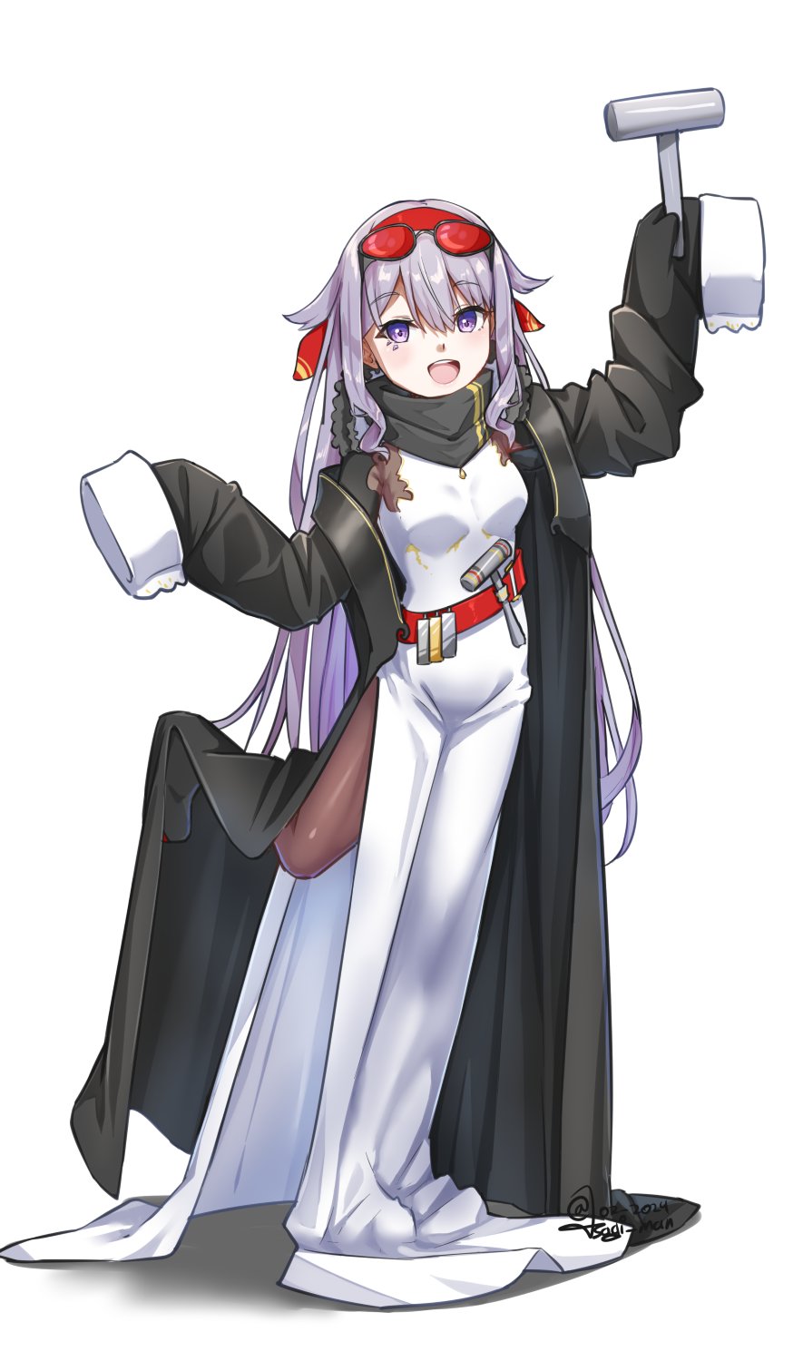 1girl, as4gi, cosplay, dress, eyewear_on_head, hammer, highres, holding