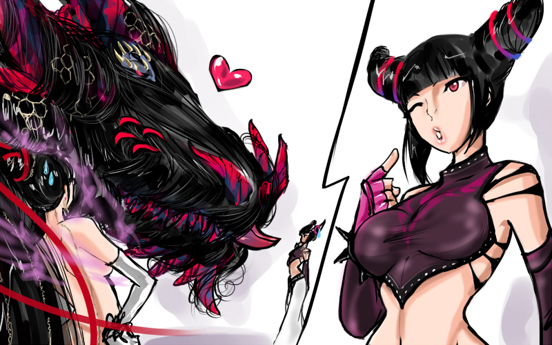 bayonetta_(character), black_hair, blossomppg, capcom, crossover, dragon, elbow_gloves, fingerless_gloves