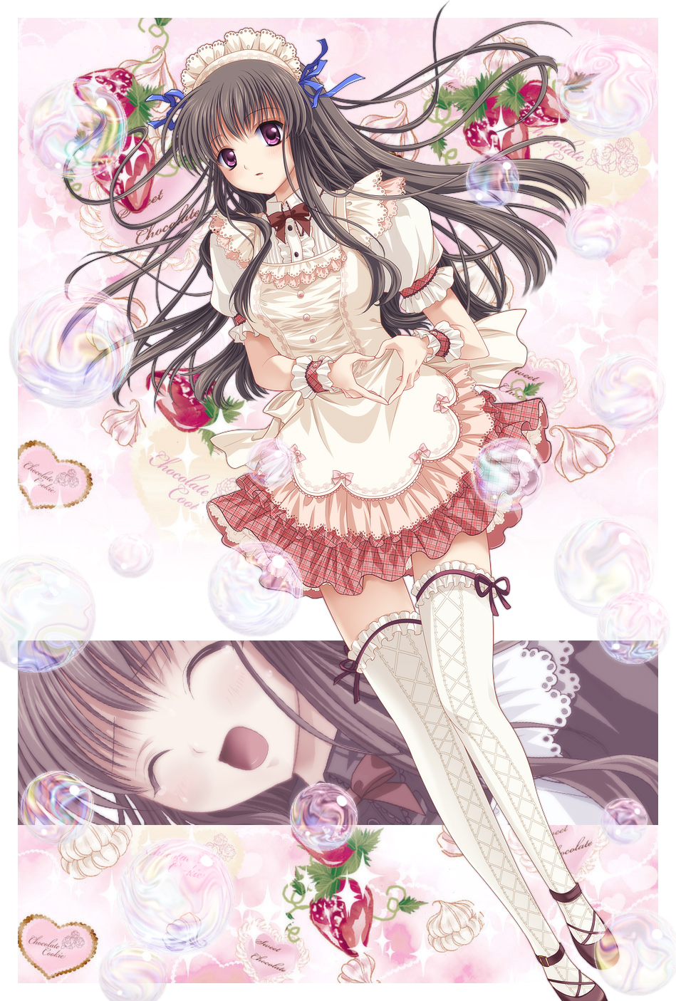 apron, ashi_yume, black_hair, frills, heart, heart_hands, highres, legs
