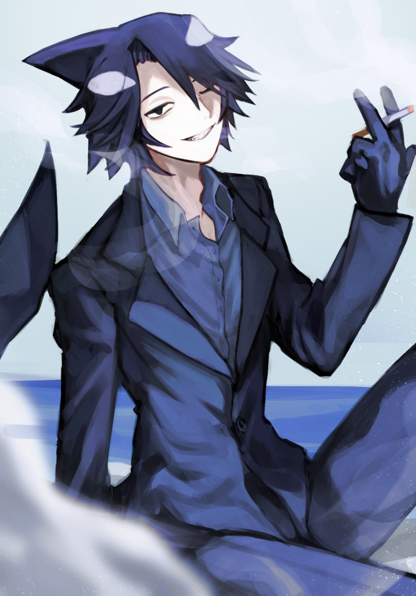 1boy, black_eyes, black_hair, black_pants, black_suit, blue_sky, buttons, cetacean_tail