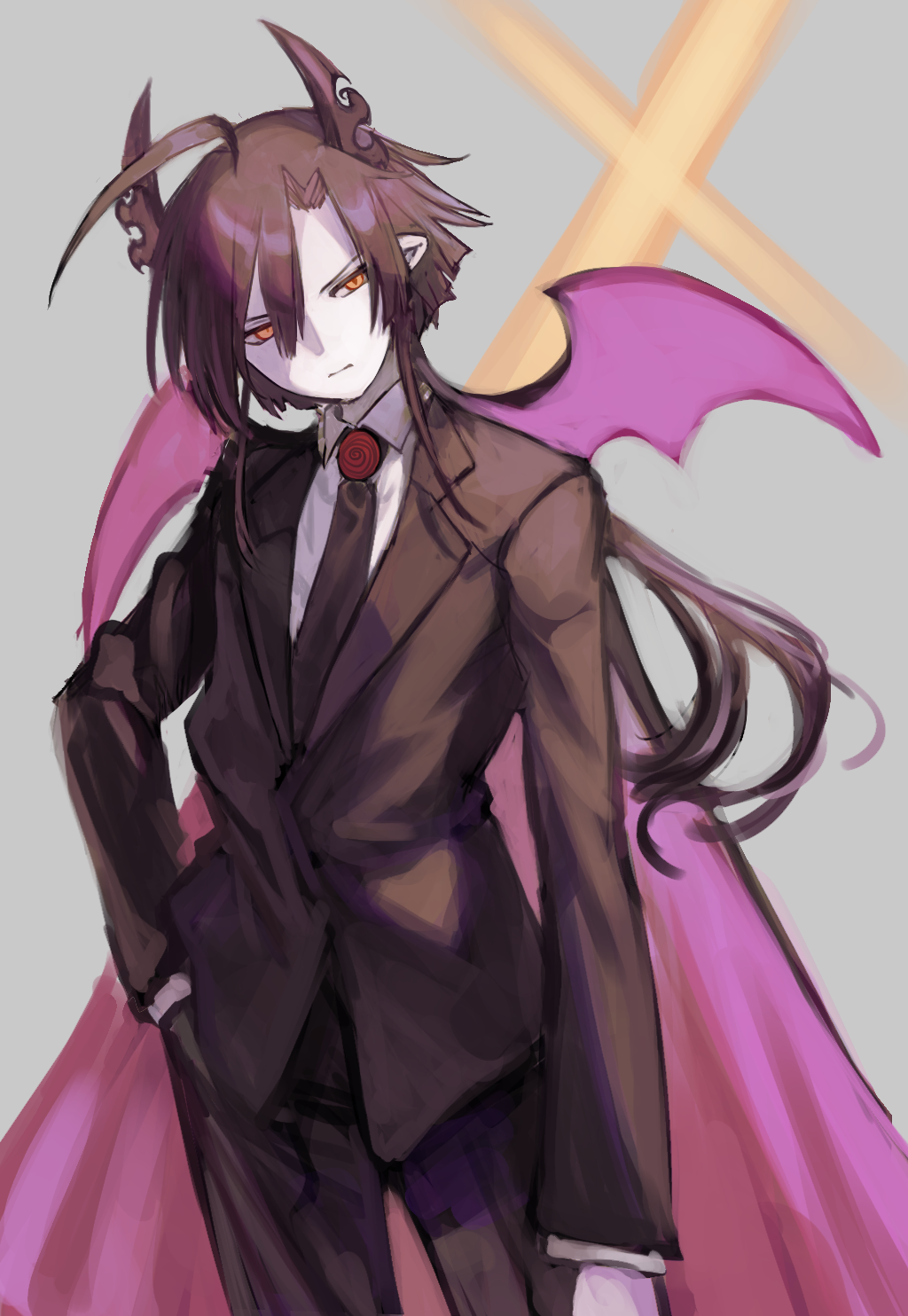 1boy, ahoge, black_hair, black_pants, black_suit, cape, collared_shirt, colored_skin