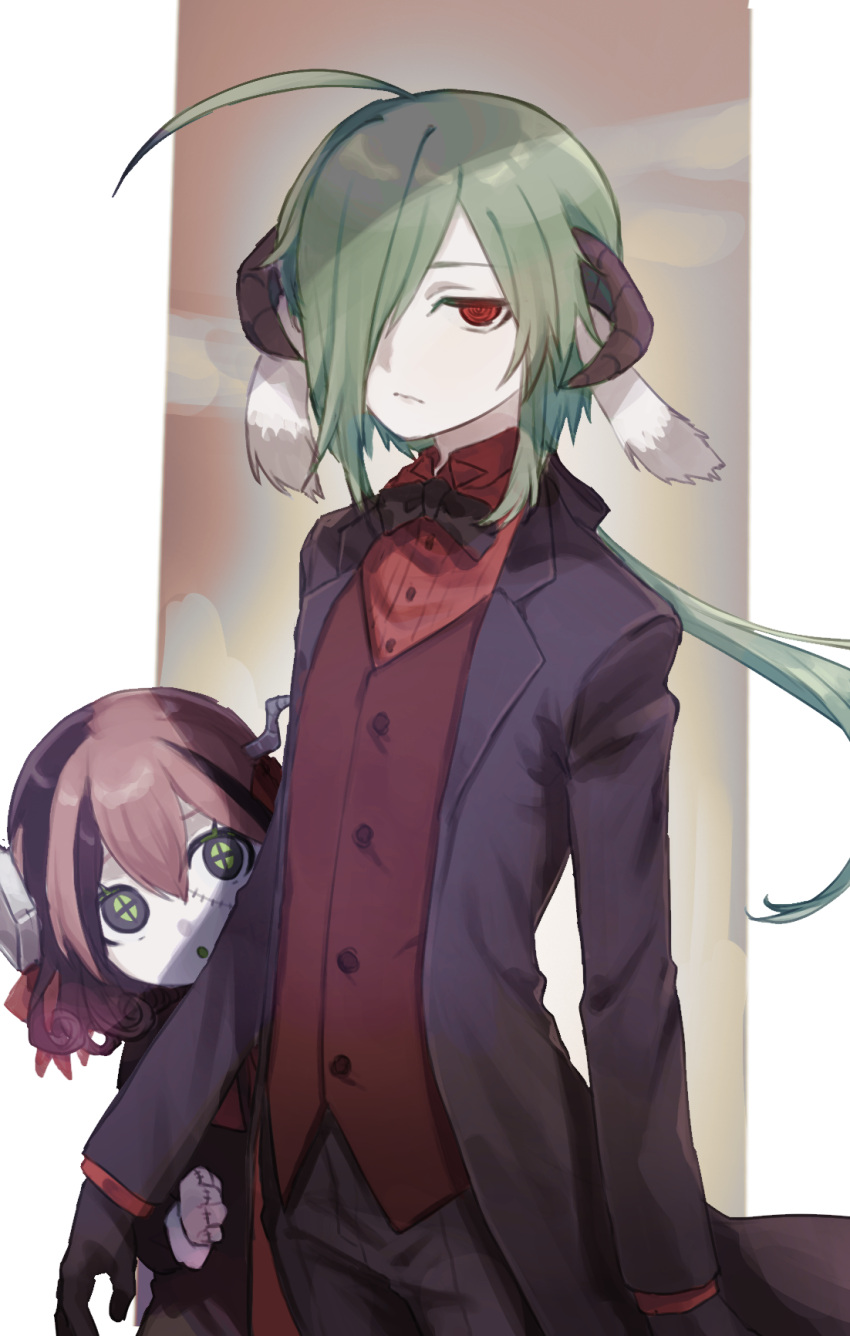 1boy, 1girl, :o, ahoge, animal_ears, black_bow, black_eyes, black_gloves