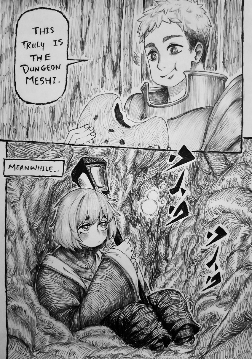 1boy, 1girl, absurdres, armor, chronozbergh, commentary, copyright_name, dungeon_meshi, eating, english_commentary, expressionless, falin_thorden, food, forced_title_drop, highres, holding, holding_breath, holding_food, holding_staff, laios_thorden, mage_staff, magic, robe, short_hair, sitting, sound_effects, staff, traditional_media, vore, wide_sleeves