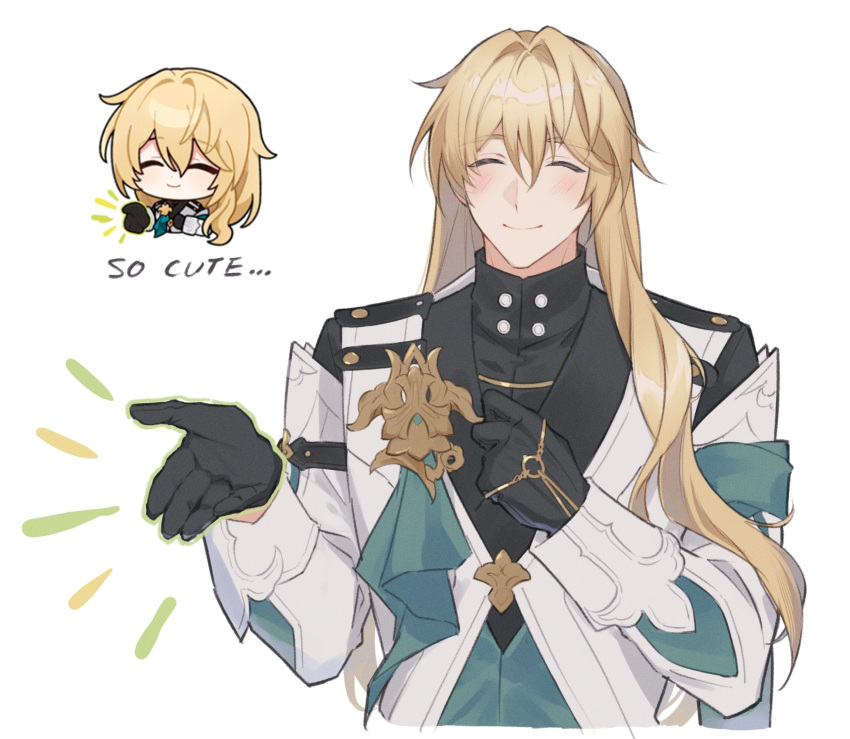 1boy, ^_^, aqua_ribbon, black_gloves, black_shirt, blonde_hair, blush, chibi, chibi_inset, closed_eyes, closed_mouth, commentary_request, gloves, hair_between_eyes, hair_intakes, hair_over_shoulder, hands_up, highres, honkai:_star_rail, honkai:_star_rail_sticker_redraw_(meme), honkai_(series), jacket, long_hair, long_sleeves, luocha_(honkai:_star_rail), male_focus, meme, reference_inset, ribbon, shirt, sidelocks, simple_background, sleeve_cuffs, smile, solo, turtleneck, white_background, white_jacket, yadama_(ydm_2w)