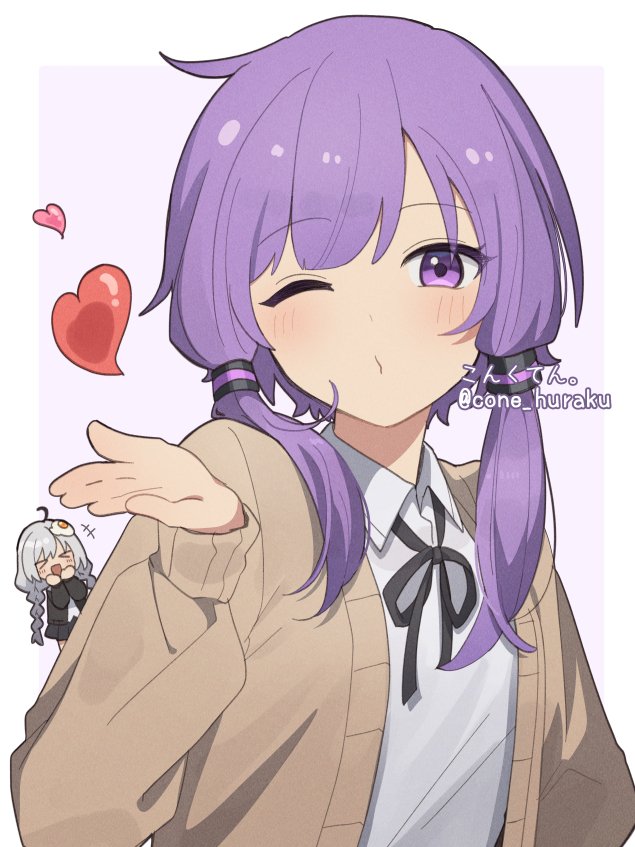 2girls, black_jacket, blowing_kiss, brown_jacket, character_request, cone_huraku, egg_hair_ornament, food-themed_hair_ornament