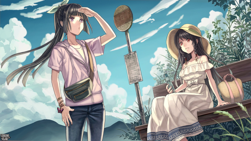 2girls, :d, bag, bench, black_hair, bow, bracelet, braid, breasts, brown_eyes, bus_stop, character_request, check_character, clouds, copyright_name, day, denim, dongin_kaoru, dress, fanny_pack, hair_bow, handbag, hat, highres, jacket, jeans, jewelry, kerberos_blade, long_hair, medium_breasts, mountainous_horizon, multiple_girls, okami_chiyo, outdoors, pants, pink_jacket, plant, ramune, road_sign, shading_eyes, sign, sitting, smile, sun_hat, tsukioka_keru, twin_braids, white_bow, white_dress, zipper