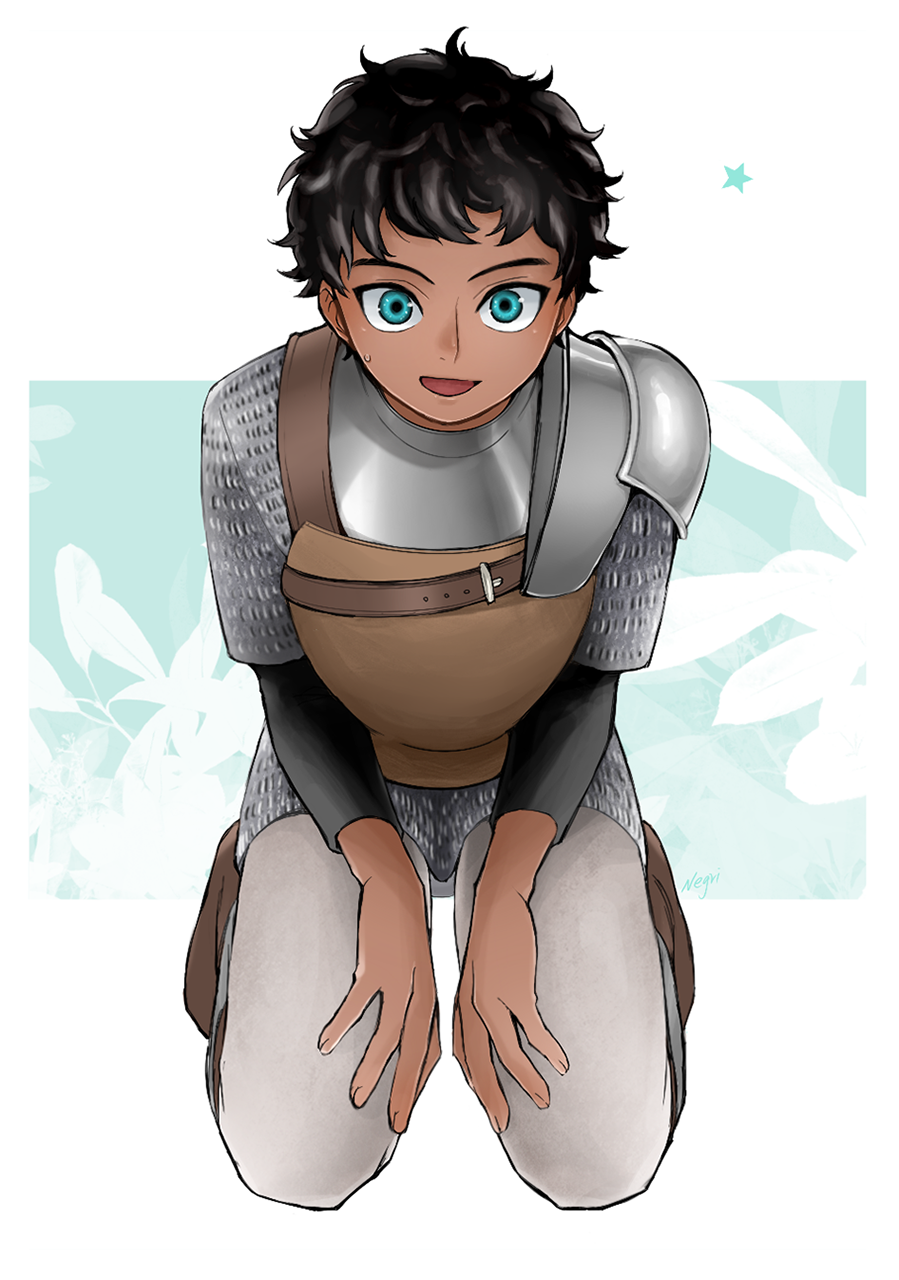 1boy, armor, black_hair, blue_background, blue_eyes, boots, brown_footwear, chainmail