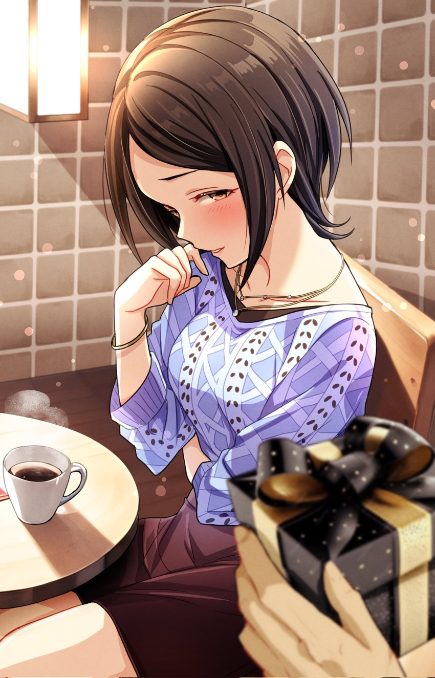 1girl, 1other, birthday, black_bow, black_box, black_hair, black_ribbon, black_shirt