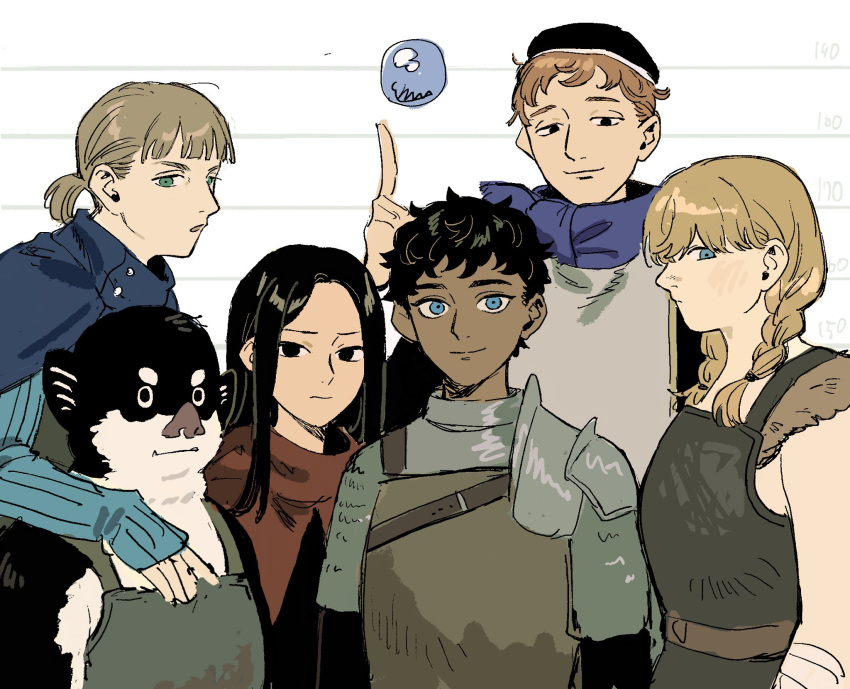 2girls, 4boys, alternate_race, arm_on_shoulder, armor, arms_at_sides, blue_cloak, blue_eyes