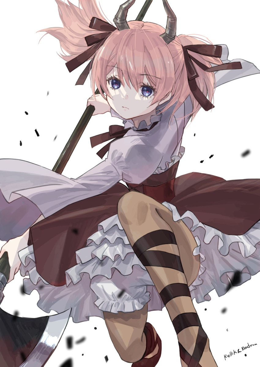 1girl, artist_name, axe, black_footwear, bloomers, blouse, brown_dress, brown_pantyhose