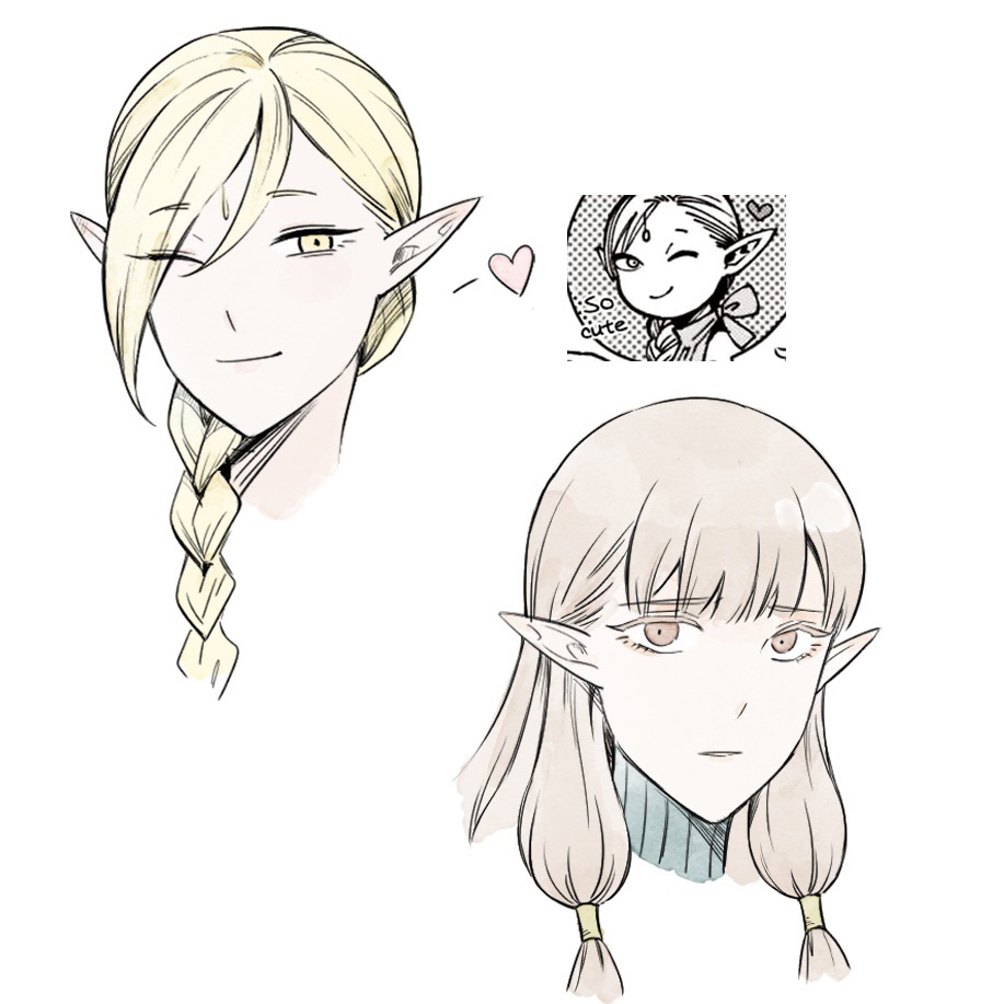 2girls, blonde_hair, braid, braided_ponytail, braided_ponytail_elf_(dungeon_meshi), chinese_commentary, closed_mouth, cropped_shoulders, dungeon_meshi, elf, grey_eyes, grey_hair, hair_behind_ear, hair_between_eyes, hair_over_shoulder, hair_tubes, heart, irithyll8157351, long_hair, looking_at_viewer, low-tied_sidelocks, milsiril_(dungeon_meshi), multiple_girls, one_eye_closed, pointy_ears, red_eyes, reference_inset, sidelocks, simple_background, single_braid, smile, white_background, yellow_eyes