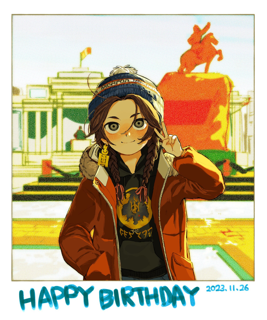 1girl, beanie, blurry, blurry_background, braid, brown_hair, earrings, fur_trim, genghis_khan, grey_eyes, hand_in_pocket, hand_up, happy_birthday, hat, highres, hood, hooded_sweater, jacket, jewelry, low_twintails, mongolia_(nanimonothing), nanimonothing, open_clothes, open_jacket, original, pom_pom_(clothes), pom_pom_beanie, print_sweater, single_earring, smile, solo, soyombo, stairs, standing, sweater, twin_braids, twintails, v