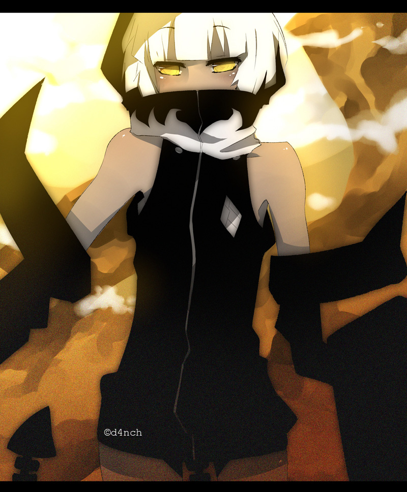 artist_request, danc_(d4nch), dark_skin, highres, hood, mechanical_arm, short_shorts, shorts