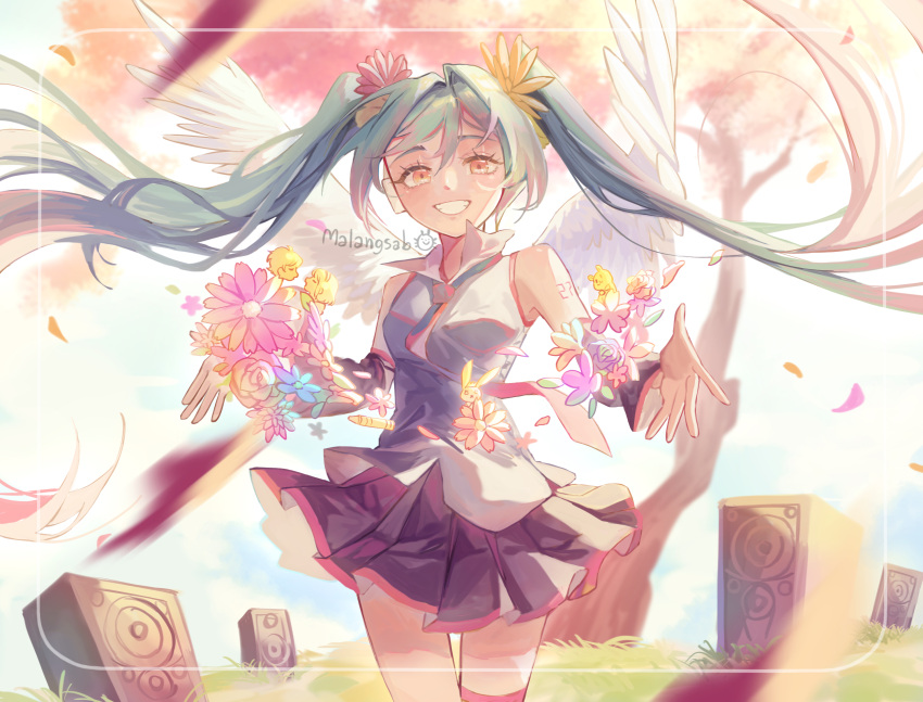 1girl, ai_kotoba_ii_(vocaloid), blue_hair, detached_sleeves, falling_petals, feathered_wings, floating_hair, flower