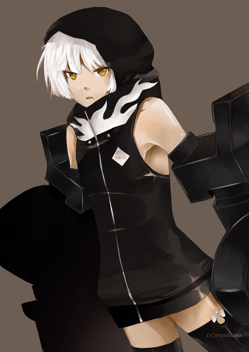 armpits, black_legwear, black_rock_shooter, black_thighhighs, dutch_angle, grey_eyes, highres, hood