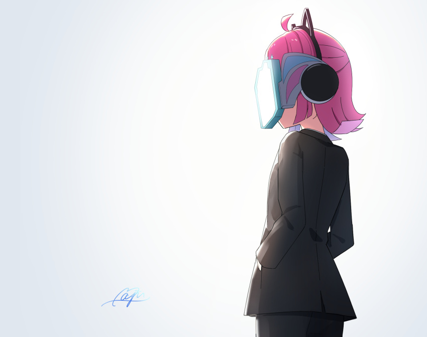 1girl, ahoge, black_pants, black_suit, commentary, from_side, highres, long_sleeves