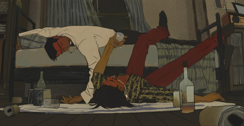 2boys, arm_up, bed, black_hair, black_pants, black_shirt, black_socks, bottle