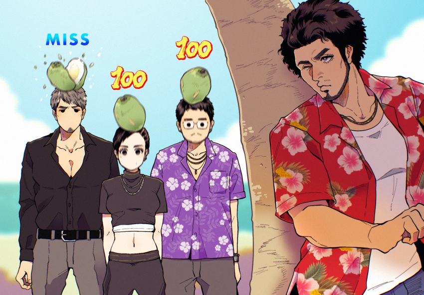 1girl, 3boys, beard, belt, black_belt, black_eyes, black_hair, black_pants, black_shirt, closed_mouth, collarbone, cowboy_shot, crop_top, day, eric_tomizawa, facial_hair, fujinomiya_chitose_(ryuu_ga_gotoku), glasses, grey_pants, hawaiian_shirt, highres, jewelry, kasuga_ichiban, kiryu_kazuma, mole, mole_under_eye, multiple_boys, necklace, one_eye_closed, outdoors, pants, partially_unbuttoned, purple_shirt, red_shirt, ryuu_ga_gotoku_(series), ryuu_ga_gotoku_8, shirt, short_hair, standing, todoroki_ago, tree, v-shaped_eyebrows, watch, watch, white_shirt