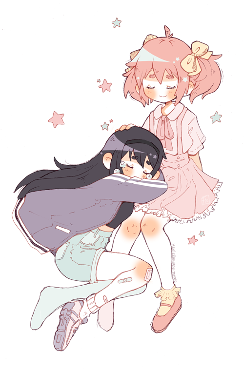 2girls, ahoge, akemi_homura, alternate_costume, asymmetrical_legwear, bandaid, bandaid_on_face, bandaid_on_leg