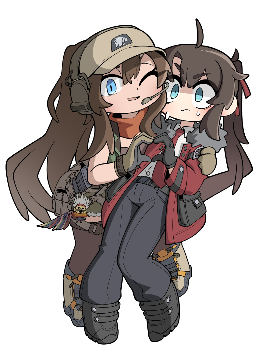 1boy, 1girl, absurdres, ahoge, armedrabbit, ascot, baseball_cap, bent_over