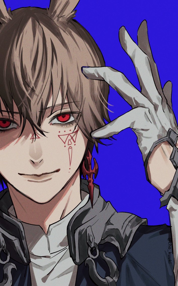 1boy, animal_ears, black_jacket, blue_background, brown_hair, cho_kuuki, close-up, collared_shirt