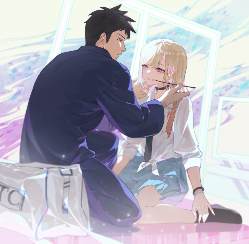 1boy, 1girl, applying_makeup, black_choker, black_hair, black_socks, blonde_hair, blue_pants