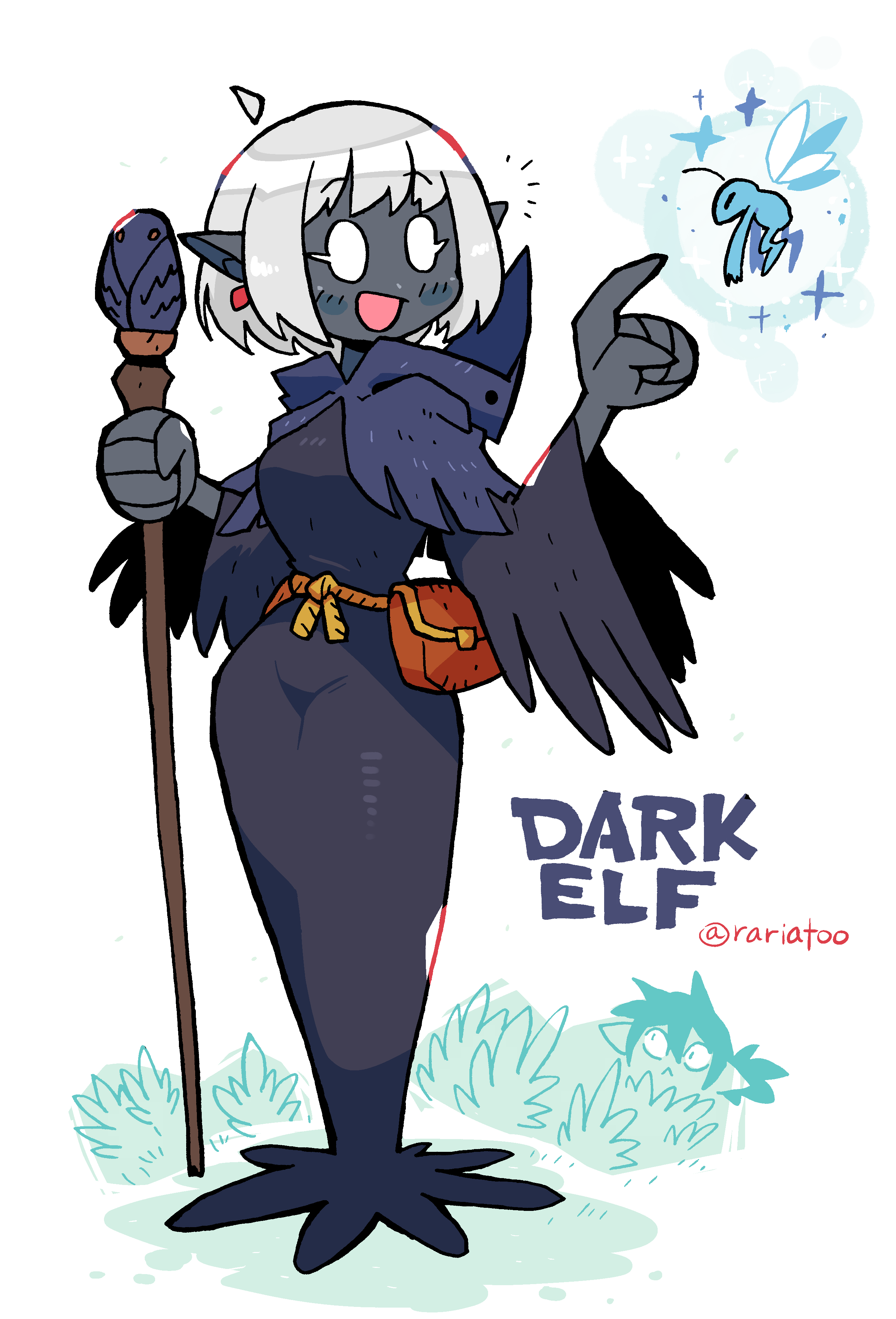 2girls, :d, absurdres, black_dress, breasts, colored_skin, creature, dark_elf, dark_elf_(rariatto), dress, elf, fairy, gem, goblin_girl_(rariatoo), grass, grey_skin, highres, holding, holding_staff, large_breasts, long_dress, multiple_girls, original, pointing, pointy_ears, pouch, rariatto_(ganguri), red_gemstone, rope_belt, short_hair, sketch_background, smile, sneaking, solo_focus, staff, standing, twitter_username, white_background, white_eyes, wizard