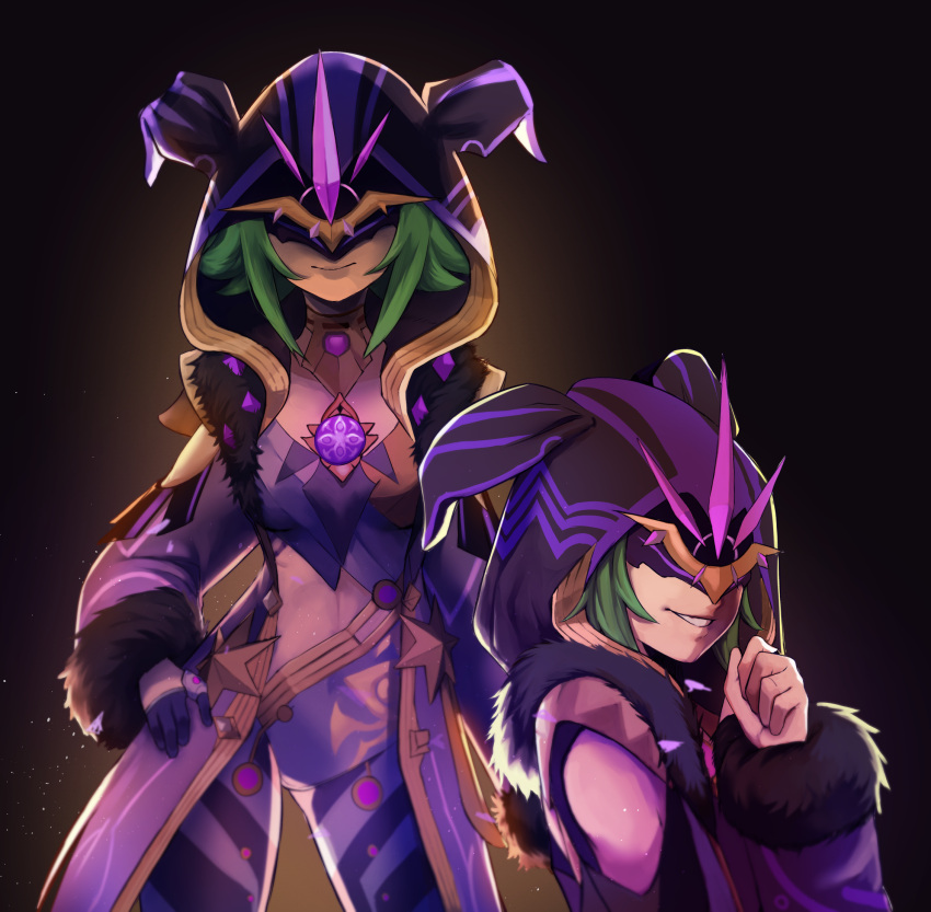 2girls, a_big_brother, breasts, cicin_mage_(genshin_impact), cloak, delusion_(genshin_impact), detached_sleeves, electro_cicin_mage_(genshin_impact), eye_mask, fatui_logo, fur-trimmed_cloak, fur_trim, genshin_impact, gloves, green_hair, grin, highres, hood, hood_up, hooded_cloak, long_sleeves, mask, multiple_girls, open_mouth, partially_fingerless_gloves, purple_gloves, short_hair, small_breasts, smile, smug