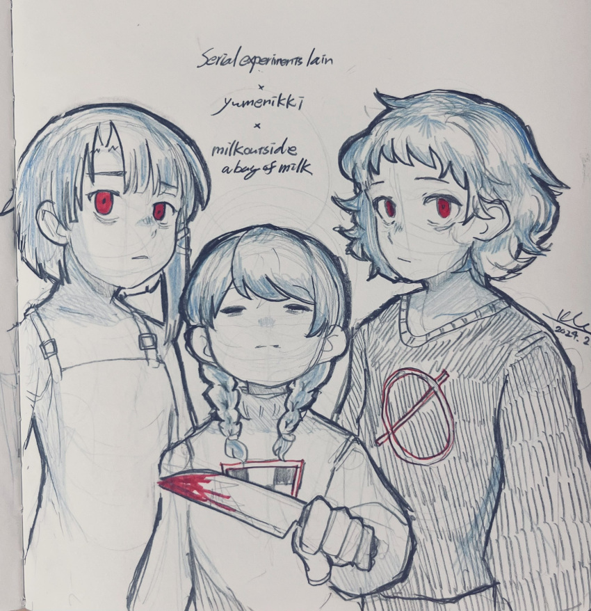 3girls, arm_at_side, arms_at_sides, asymmetrical_bangs, bags_under_eyes, black_sweater, blood, braid