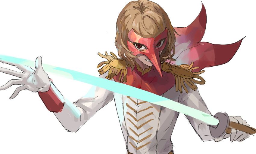 1boy, akechi_gorou, bird_mask, brown_hair, epaulettes, gloves, grin, highres