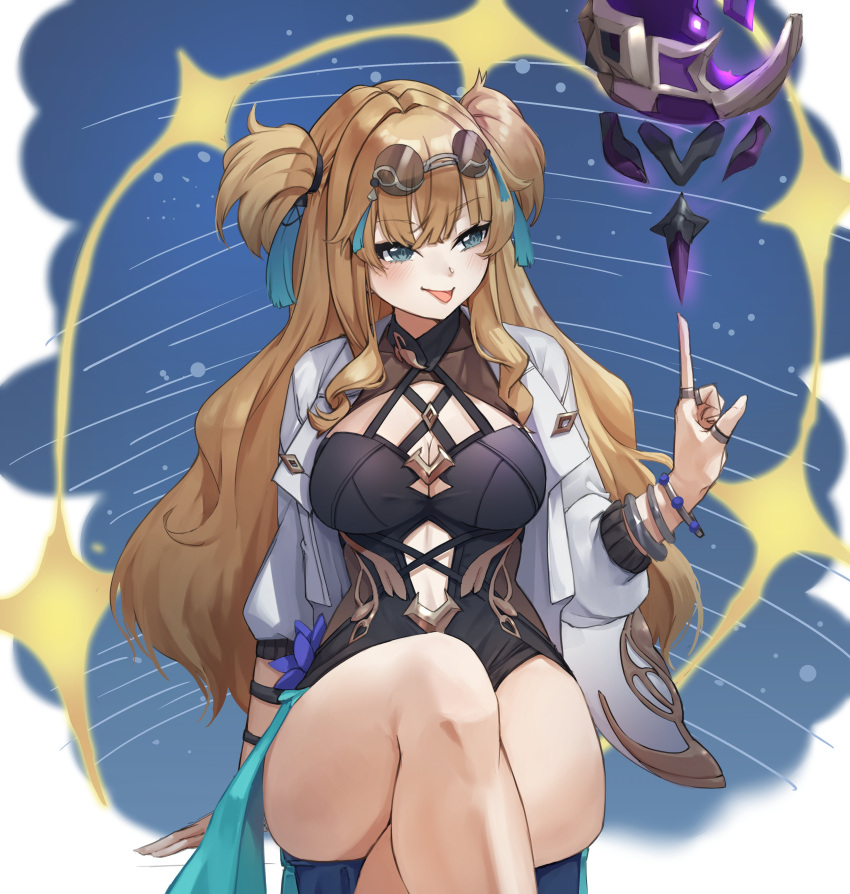 1girl, absurdres, blonde_hair, blue_eyes, cream_bread, crossed_legs, eyewear_on_head, glass