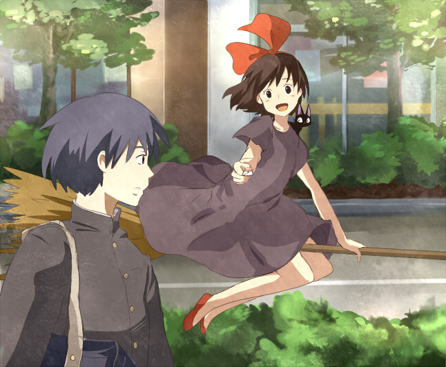 black_cat, bow, broom, brown_hair, cat, company_connection, crossover, dress