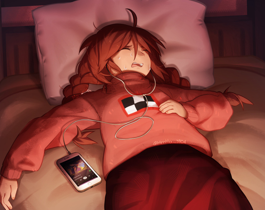 1girl, absurdres, ahoge, bed, braid, brown_hair, camera_flash, cellphone, closed_eyes, commentary, cowboy_shot, distress, dragostea_din_tei, facing_to_the_side, fingernails, from_above, frown, furrowed_brow, hair_between_eyes, hand_on_own_chest, hand_on_own_stomach, head_on_pillow, highres, in-ear_earphones, iphone, lips, listening_to_music, long_hair, long_sleeves, low_twintails, lying, madotsuki, messy_hair, mrntta_3704, nightmare, o-zone_(group), on_back, on_bed, open_mouth, phone, pillow, pink_sweater, print_sweater, red_skirt, shadow, sidelocks, signature, skirt, sleeping, sleeveless, sleeveless_turtleneck, smartphone, solo, spotify, sweat, sweatdrop, sweater, teeth, turtleneck, twin_braids, twintails, upper_teeth_only, yume_nikki