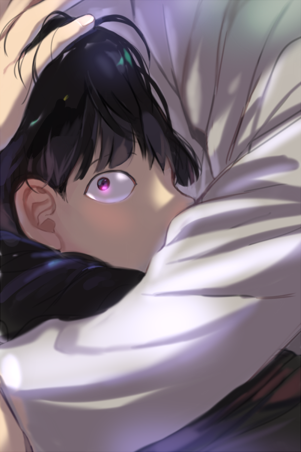 2boys, black_hair, close-up, covered_mouth, from_side, gakuran, glowing, glowing_eyes