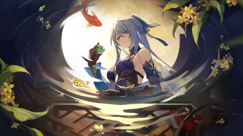 1girl, :|, afloat, afloat_leaves, arm_rest, artist_request, black_gloves, blue_dress