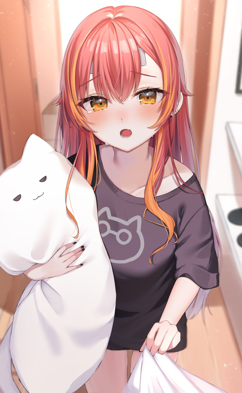 0707_una, 1girl, absurdres, black_nails, black_shirt, blurry, blurry_background, blush, cold_pack, commentary, ear_piercing, fang, furrowed_brow, hair_between_eyes, highres, holding, holding_clothes, indoors, long_hair, looking_at_viewer, multicolored_hair, nekota_tsuna, open_mouth, orange_eyes, orange_hair, piercing, redhead, shirt, short_sleeves, sidelocks, skin_fang, solo, standing, streaked_hair, sweat, upper_body, virtual_youtuber, vspo!