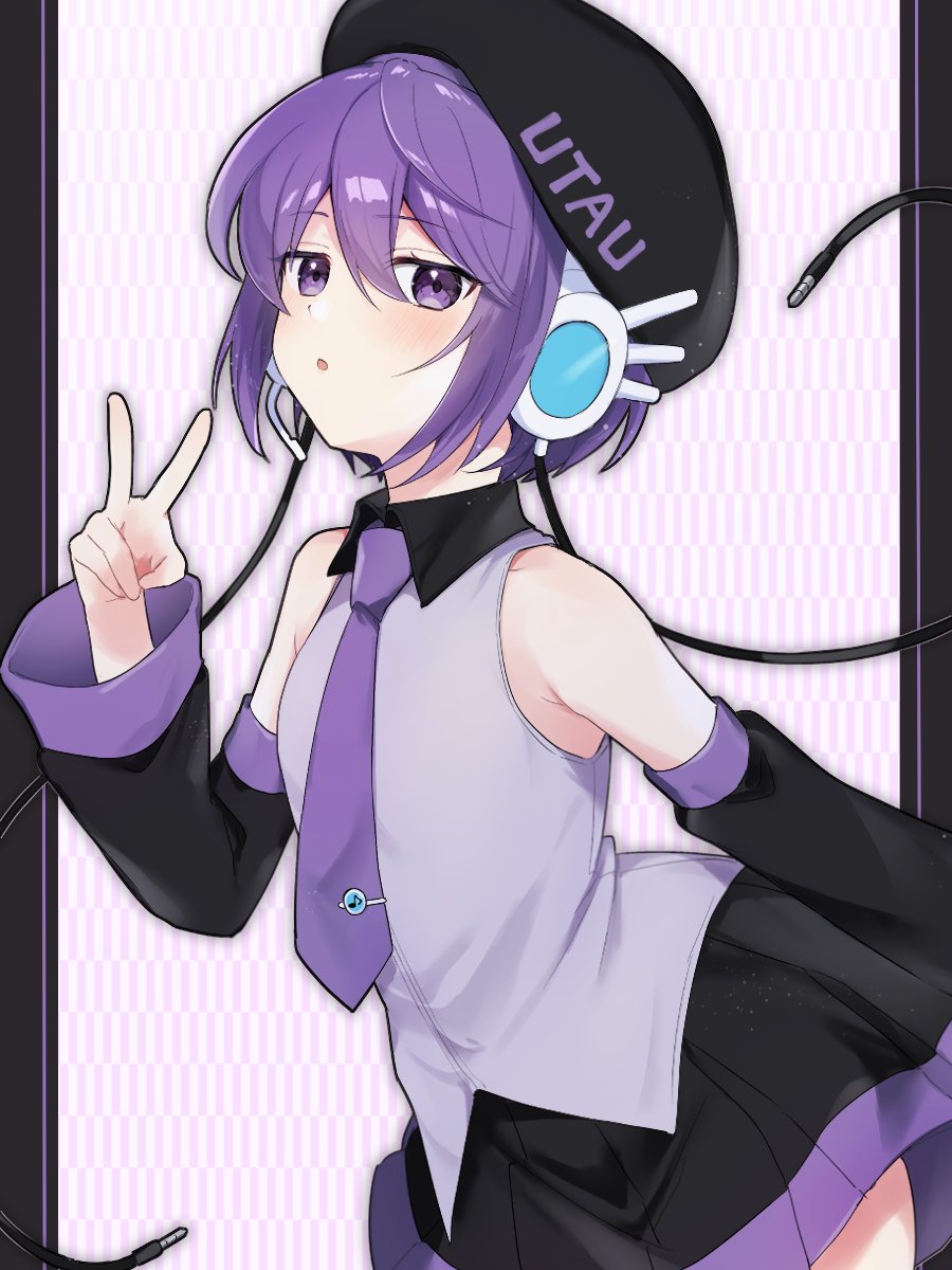 1girl, :o, akikan_sabago, armpit_crease, audio_jack, bare_shoulders, beret, black_headwear