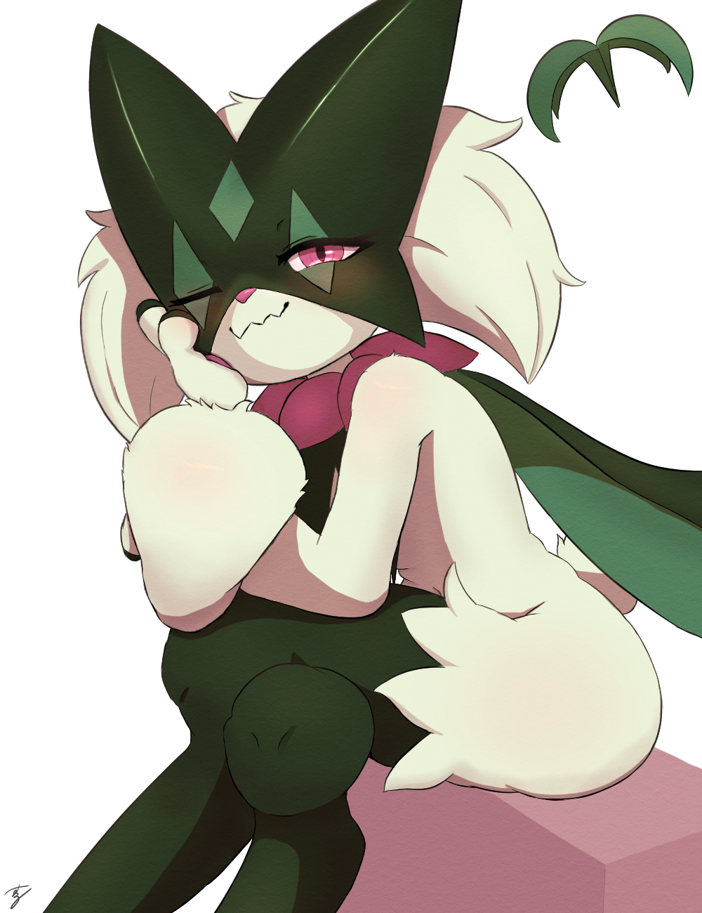 crossed_legs, highres, hunter_suru, looking_at_viewer, meowscarada, one_eye_closed, pink_eyes, pokemon