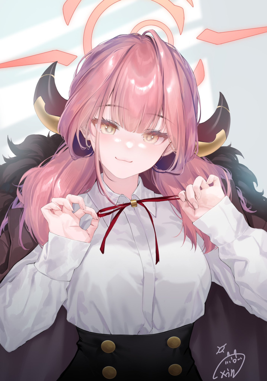 1girl, :3, adjusting_neck_ribbon, aru_(blue_archive), black_skirt, blue_archive, breasts, brown_coat, brown_horns, closed_mouth, coat, collared_shirt, commentary, fingernails, fur_coat, hair_between_eyes, halo, highres, horns, indoors, large_breasts, long_hair, long_sleeves, looking_at_viewer, obiwan, pink_hair, pink_halo, red_ribbon, ribbon, shirt, signature, skirt, sleeves_past_wrists, smile, solo, underbust, white_shirt, yellow_eyes