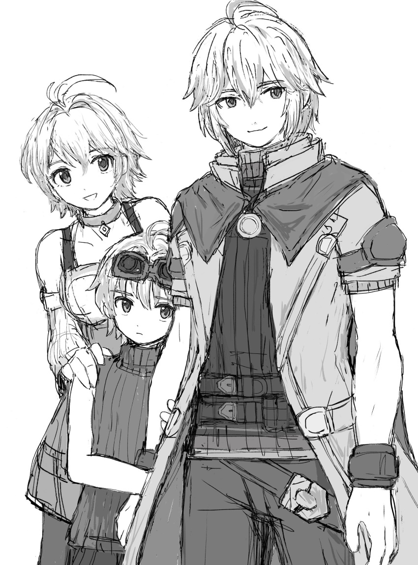 1girl, 2boys, absurdres, ahoge, cape, choker, couple, detached_sleeves, family, father_and_son, fiora_(xenoblade), goggles, goggles_on_head, greyscale, hand_on_another's_shoulder, highres, holding_another's_arm, husband_and_wife, kokkou_1, long_coat, looking_at_viewer, monochrome, mother_and_son, multiple_boys, nikol_(xenoblade), open_mouth, short_hair, shulk_(xenoblade), sketch, smile, sweater, turtleneck, turtleneck_sweater, white_background, wristband, xenoblade_chronicles_(series), xenoblade_chronicles_1, xenoblade_chronicles_3, xenoblade_chronicles_3:_future_redeemed