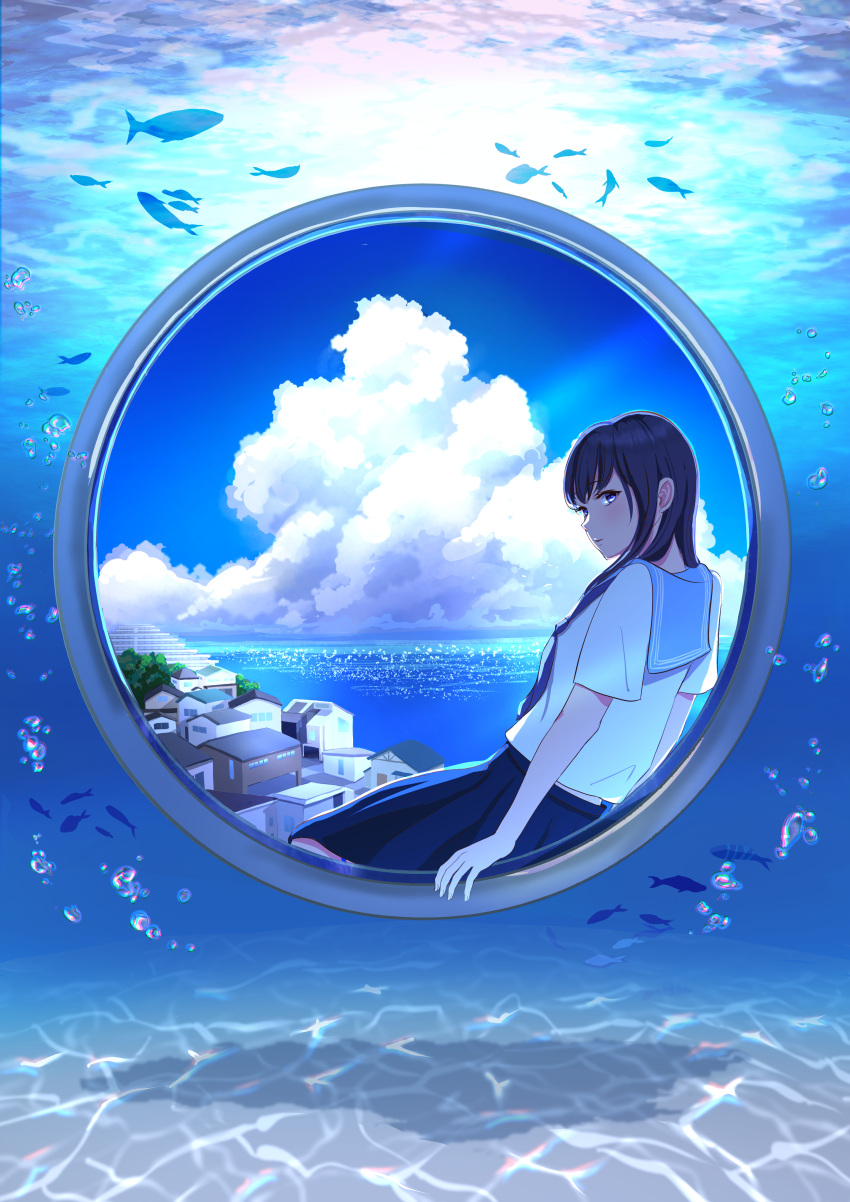 1girl, absurdres, black_hair, blue_eyes, blue_necktie, blue_skirt, blue_sky, bubble