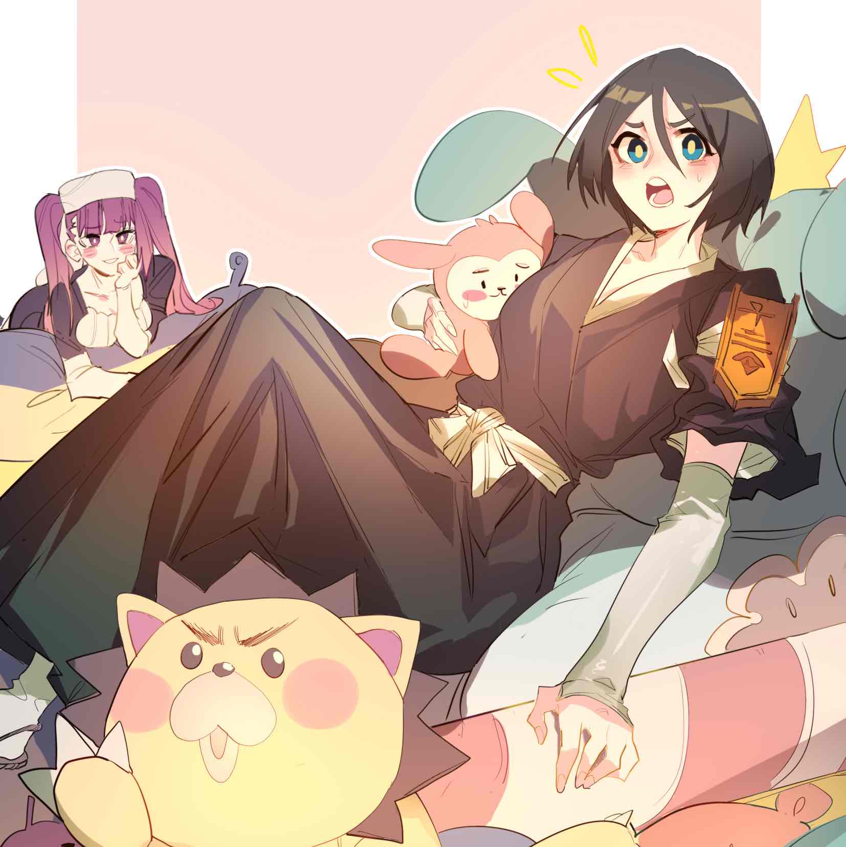 1boy, 2girls, badge, black_hair, black_hakama, bleach, blue_eyes, blush