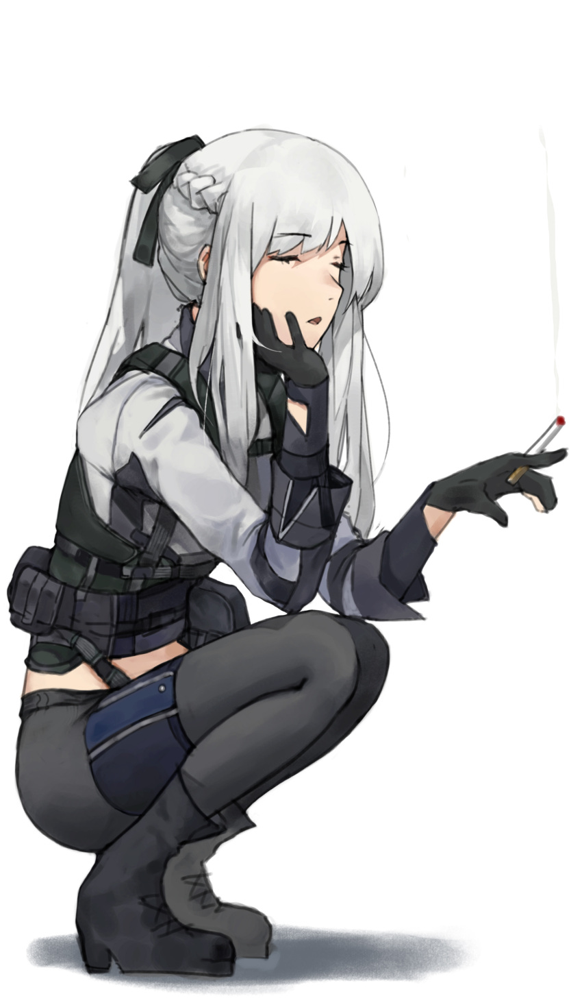 absurdres, ak-12_(girls'_frontline), black_gloves, boots, braid, cigarette, closed_mouth, coteri
