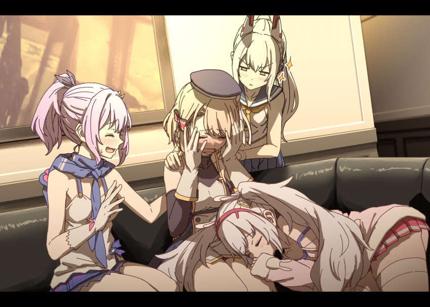 4girls, animal_ears, aoi_tiduru, ascot, ayanami_(azur_lane), azur_lane, blue_hair, blue_skirt