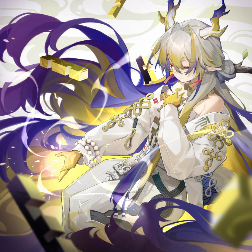 1girl, absurdly_long_hair, absurdres, arknights, bare_shoulders, bead_bracelet, beads, blonde_hair, blue_hair, bracelet, closed_eyes, closed_mouth, colored_skin, commentary_request, dragon_girl, dragon_horns, eyeliner, feet_out_of_frame, hair_intakes, hair_ornament, hair_stick, hand_on_own_chest, highres, horns, jacket, jewelry, leaf, lingyu_ovo, long_hair, long_sleeves, makeup, multicolored_hair, off_shoulder, open_clothes, open_jacket, pants, pointy_ears, red_eyeliner, shu_(arknights), smile, solo, strapless, tube_top, very_long_hair, white_hair, white_jacket, white_pants, white_tube_top, yellow_skin