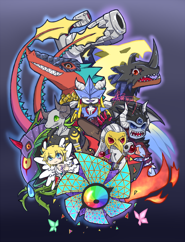algomon_ultimate, angel, angel_boy, barbamon, black_hair, blonde_hair, bug, butterfly
