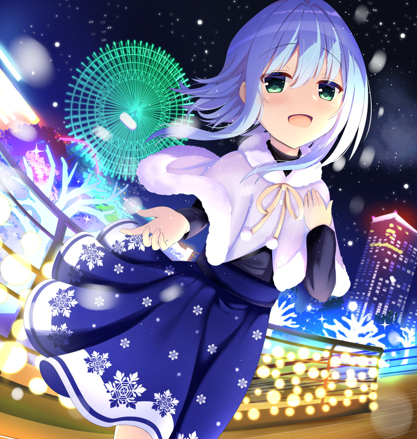 1girl, :d, absurdres, blue_hair, blue_skirt, blurry, blush, capelet