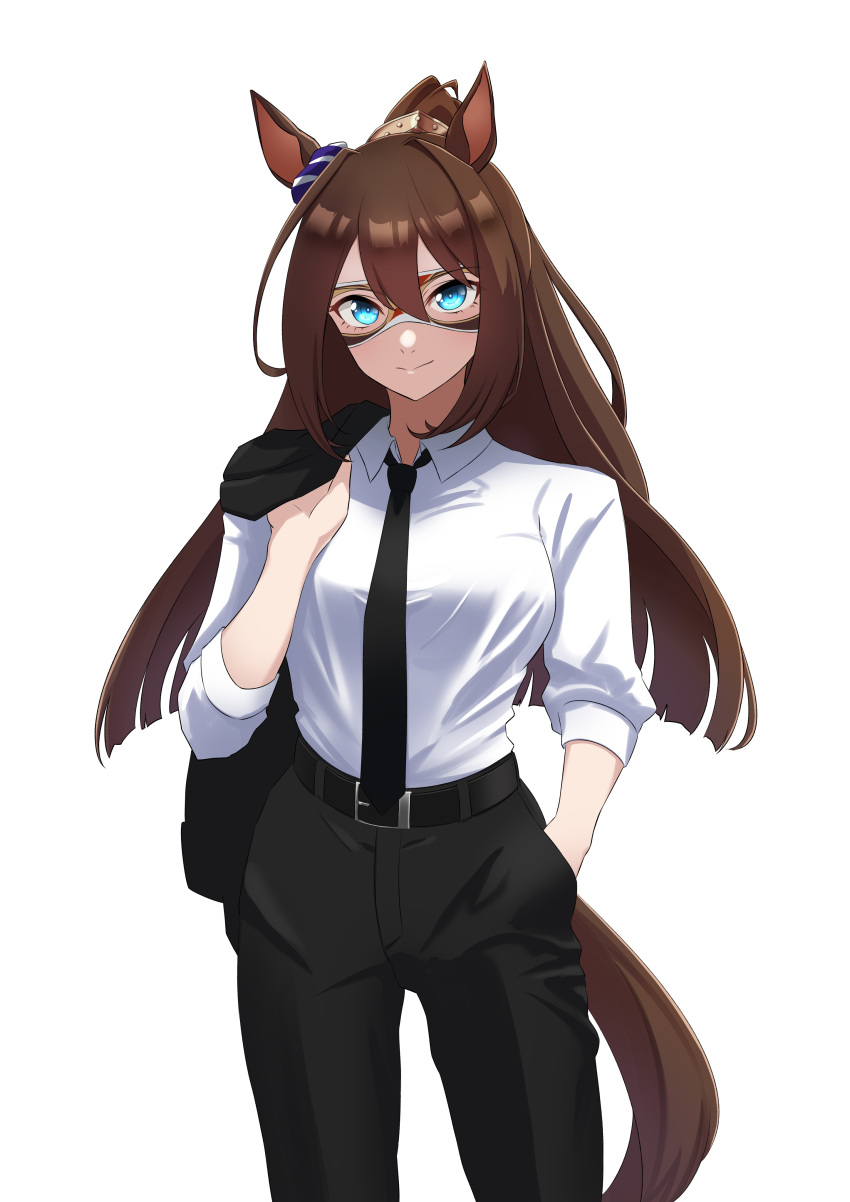 1girl, absurdres, alternate_costume, animal_ears, belt, black_belt, black_necktie, black_pants