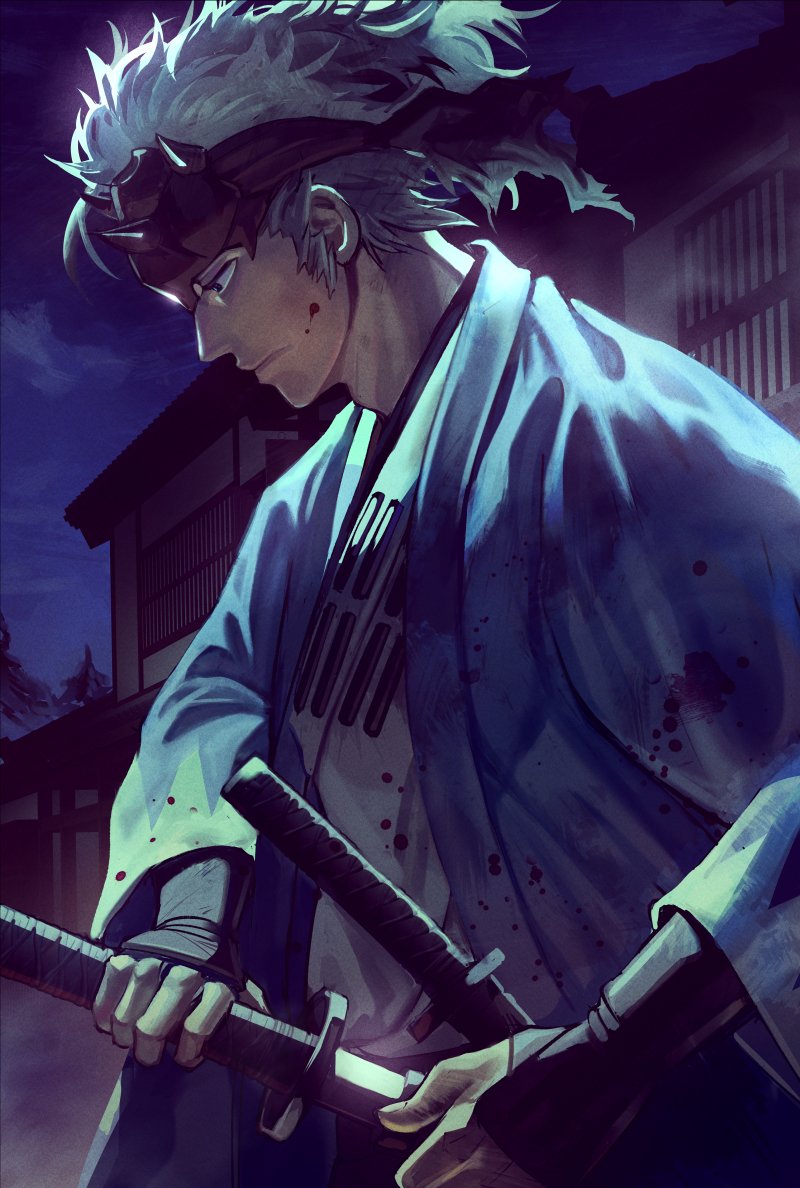 1boy, blood, bv_illust, expressionless, fate/grand_order, fate_(series), from_side, haori